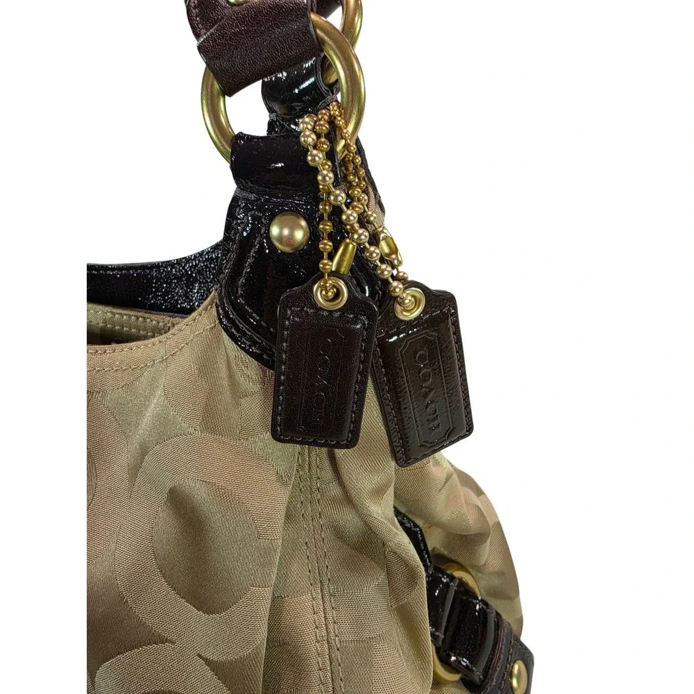 Coach Signature Jacquard Hobo Bag Khaki Brown Patent Leather 14305 Shoulder Bag